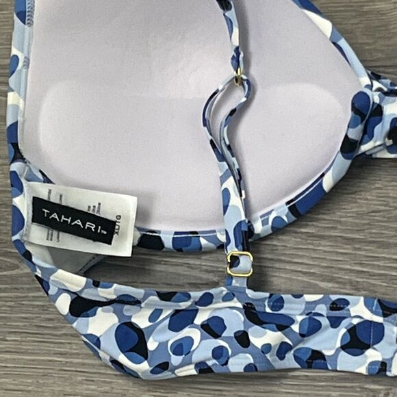 Tahari Blue White Leopard Bikini Set XL Twist Underwire High Waist Resort Swim - Picture 8 of 9